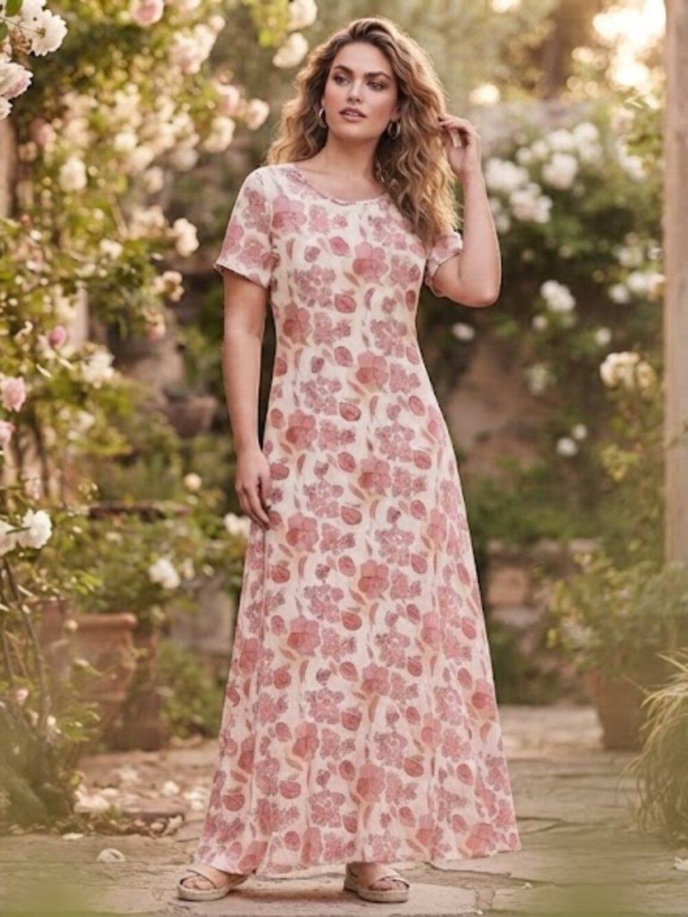Floral Pink & Yellow Short-Sleeve Maxi Dress